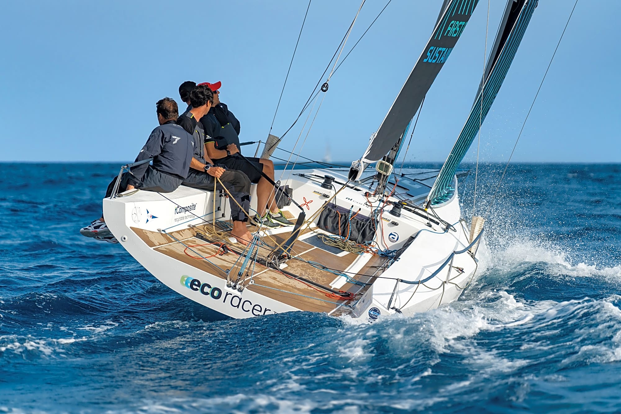 ecoracer® sailing in Barcelona during European Yacht of The Year trials, award winning racing boat built from rComposite